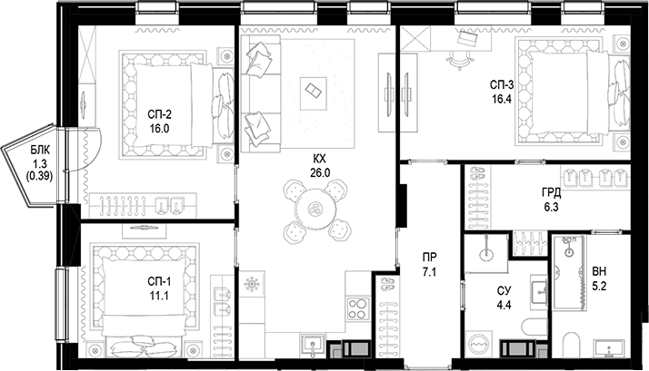 Планировка трёхкомнатная 92.9 м² в ЖК «Трилогия «Кристалл»», корпус 9.2