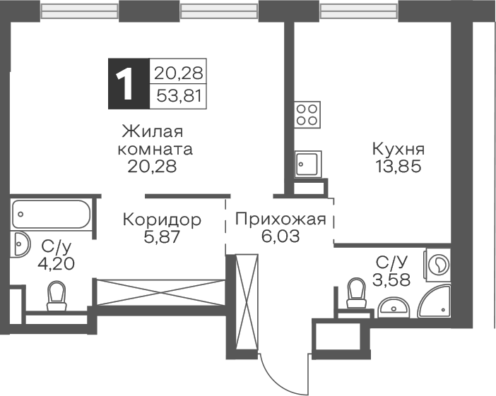 Планировка однокомнатная 53.81 м² в ЖК «Гранель Тринити», корпус 2