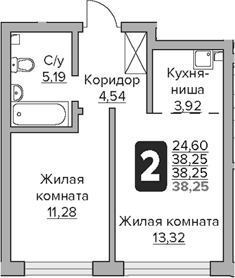 Планировка евродвушка (2Е) 38.25 м² в ЖК «Гранель Тринити», корпус 1