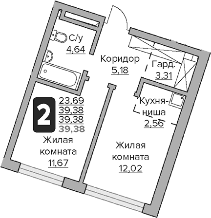 Планировка евродвушка (2Е) 39.38 м² в ЖК «Гранель Тринити», корпус 1