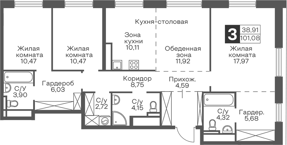 Планировка евро-4 (4Е) 101.08 м² в ЖК «Гранель Тринити», корпус 2