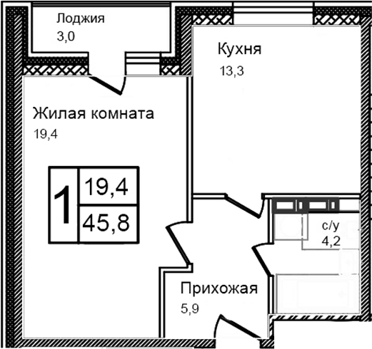 Планировка однокомнатная 45.8 м² в ЖК «Троицкий», корпус 5