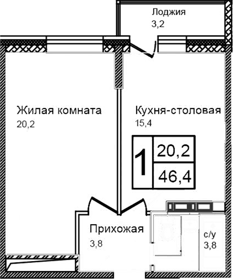 Планировка евродвушка (2Е) 46.4 м² в ЖК «Троицкий», корпус 5