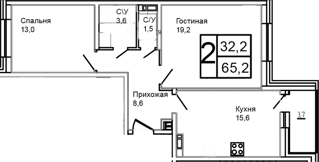 Планировка двухкомнатная 65.2 м² в ЖК «Троицкий», корпус 1