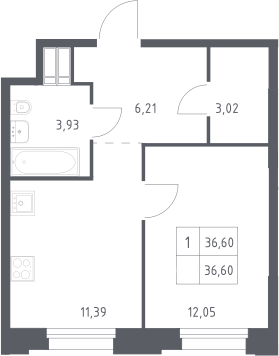 Планировка однокомнатная 36.6 м² в ЖК «Тропарево Парк», корпус 2.3