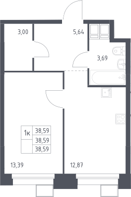 Планировка однокомнатная 38.59 м² в ЖК «Тропарево Парк», корпус 2.2