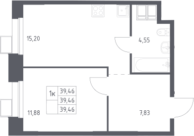 Планировка евродвушка (2Е) 39.46 м² в ЖК «Тропарево Парк», корпус 2.4