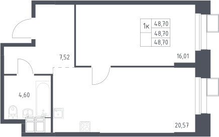 Планировка евродвушка (2Е) 48.7 м² в ЖК «Тропарево Парк», корпус 2.2