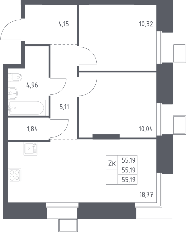 Планировка евротрёшка (3Е) 55.19 м² в ЖК «Тропарево Парк», корпус 2.4