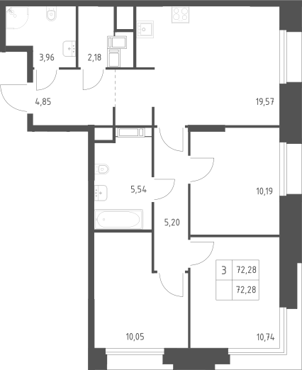 Планировка трёхкомнатная 72.28 м² в ЖК «Тропарево Парк», корпус 2.2