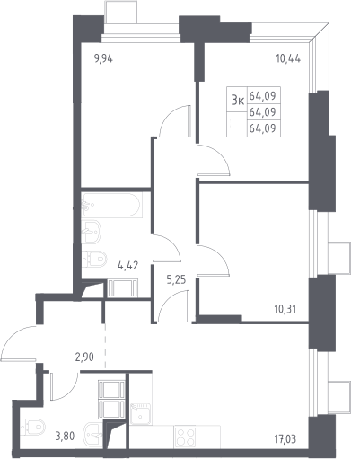Планировка евро-4 (4Е) 64.09 м² в ЖК «Тропарево Парк», корпус 2.3