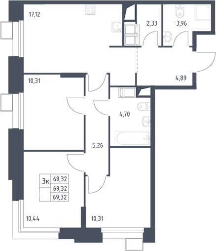 Планировка евро-4 (4Е) 69.32 м² в ЖК «Тропарево Парк», корпус 2.2