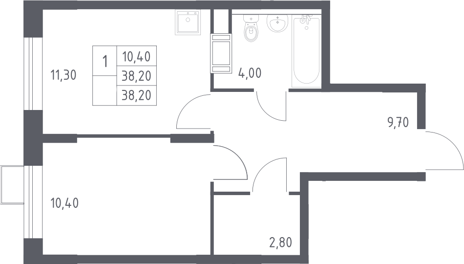 Планировка однокомнатная 38.2 м² в ЖК «Цветочные Поляны», корпус 1