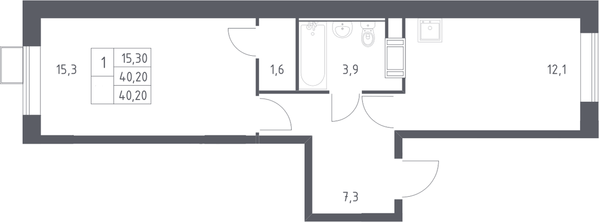 Планировка однокомнатная 40.2 м² в ЖК «Цветочные Поляны», корпус 3