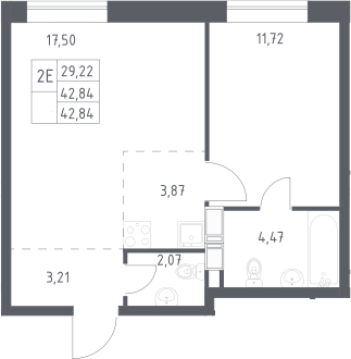 Планировка евродвушка (2Е) 42.84 м² в ЖК «Цветочные Поляны», корпус 12