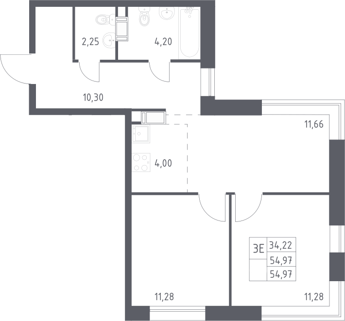 Планировка евротрёшка (3Е) 54.97 м² в ЖК «Цветочные Поляны», корпус 12