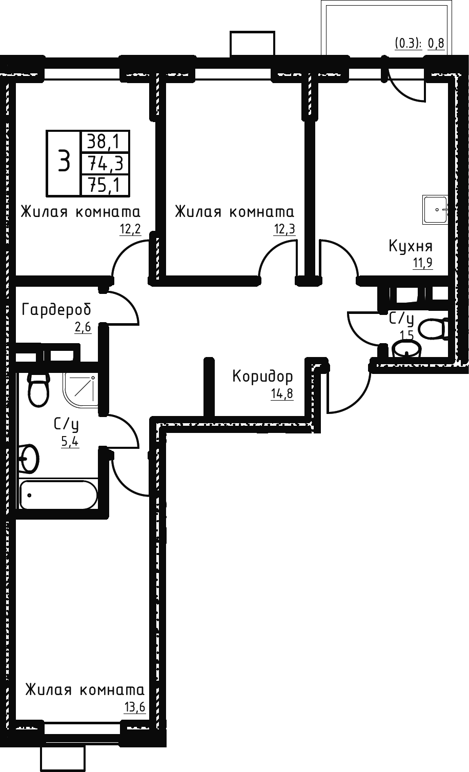 Планировка трёхкомнатная 75.1 м² в ЖК «Цветочные Поляны», корпус 4-5