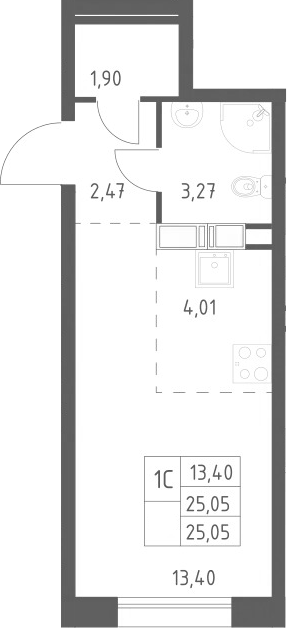 Планировка Студии 25.05 м² в ЖК «Цветочные Поляны», корпус 12