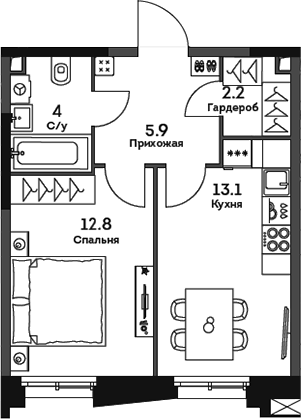 Планировка однокомнатная 38 м² в ЖК «ТВЕЛВ», корпус 1