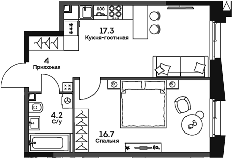 Планировка евродвушка (2Е) 42.2 м² в ЖК «ТВЕЛВ», корпус 3