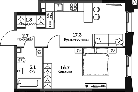 Планировка евродвушка (2Е) 43.6 м² в ЖК «ТВЕЛВ», корпус 1