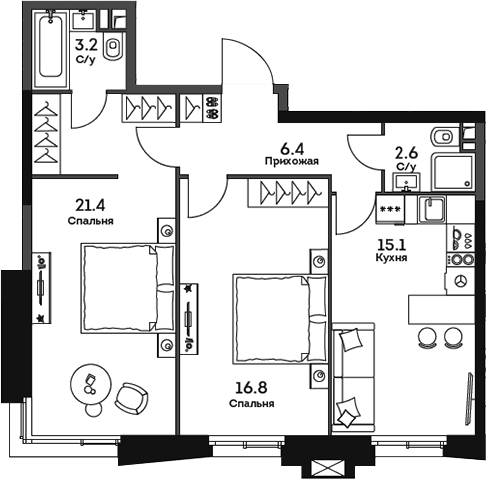 Планировка двухкомнатная 65.5 м² в ЖК «ТВЕЛВ», корпус 1