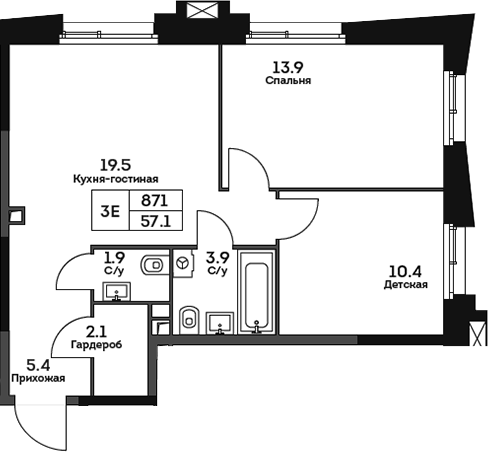 Планировка евротрёшка (3Е) 57.1 м² в ЖК «ТВЕЛВ», корпус 3