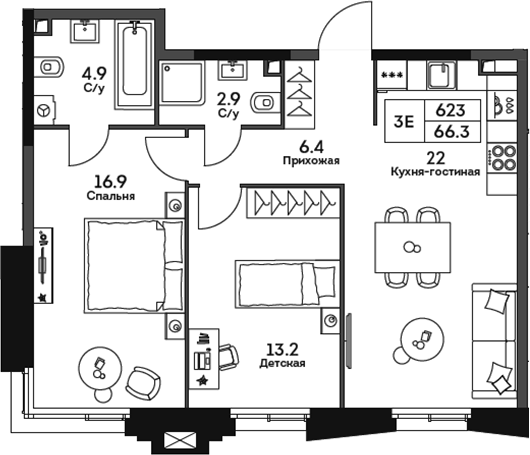 Планировка евротрёшка (3Е) 66.3 м² в ЖК «ТВЕЛВ», корпус 2