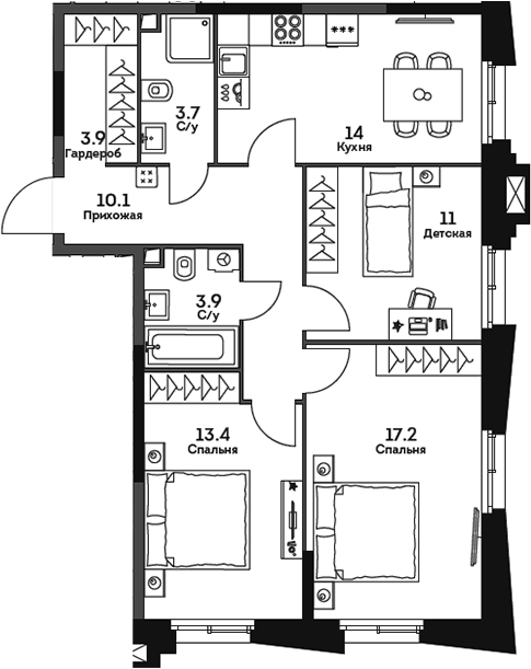Планировка трёхкомнатная 77.2 м² в ЖК «ТВЕЛВ», корпус 2