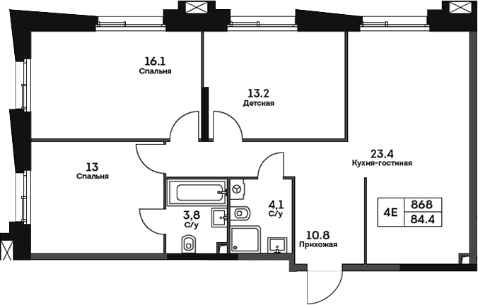 Планировка евро-4 (4Е) 84.4 м² в ЖК «ТВЕЛВ», корпус 3