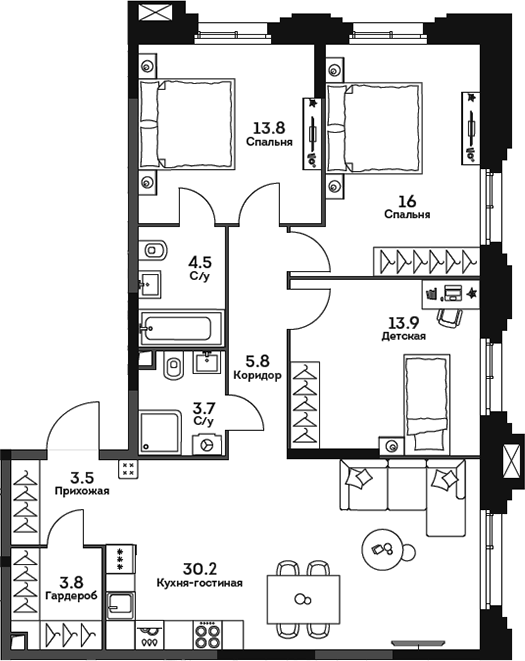 Планировка евро-4 (4Е) 95.2 м² в ЖК «ТВЕЛВ», корпус 2