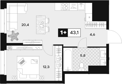 Планировка однокомнатная 43.1 м² в ЖК «ЮТУ», корпус С2