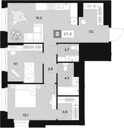 Планировка двухкомнатная 61.4 м² в ЖК «ЮТУ», корпус С2