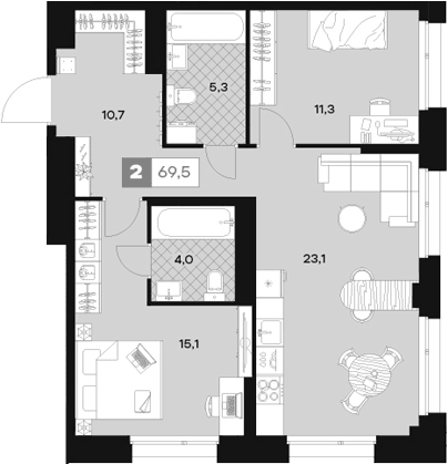 Планировка двухкомнатная 69.5 м² в ЖК «ЮТУ», корпус С2