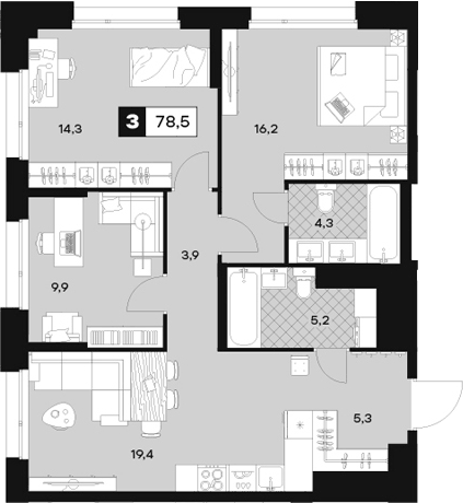 Планировка трёхкомнатная 78.5 м² в ЖК «ЮТУ», корпус С2