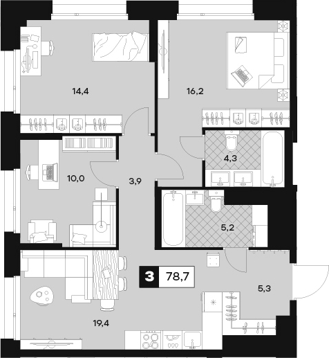 Планировка трёхкомнатная 78.7 м² в ЖК «ЮТУ», корпус С2