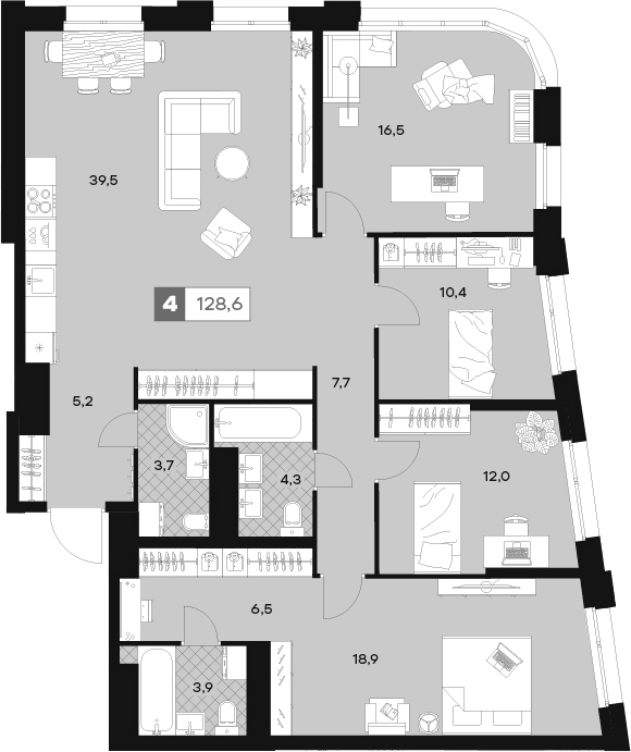 Планировка четырёхкомнатная 128.6 м² в ЖК «ЮТУ», корпус С2