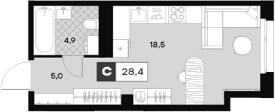 Планировка Студии 28.4 м² в ЖК «ЮТУ», корпус С1