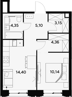Планировка однокомнатная 41.5 м² в ЖК «УЛЬТИМА Сити», корпус 1