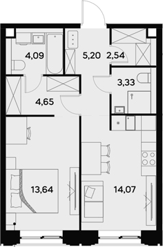 Планировка однокомнатная 47.52 м² в ЖК «УЛЬТИМА Сити», корпус 1