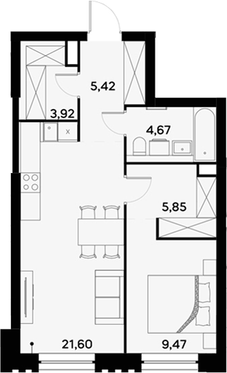 Планировка евродвушка (2Е) 50.93 м² в ЖК «УЛЬТИМА Сити», корпус 2