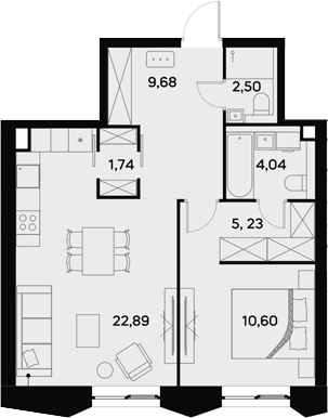 Планировка евродвушка (2Е) 56.68 м² в ЖК «УЛЬТИМА Сити», корпус 1