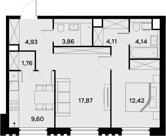 Планировка двухкомнатная 58.69 м² в ЖК «УЛЬТИМА Сити», корпус 2
