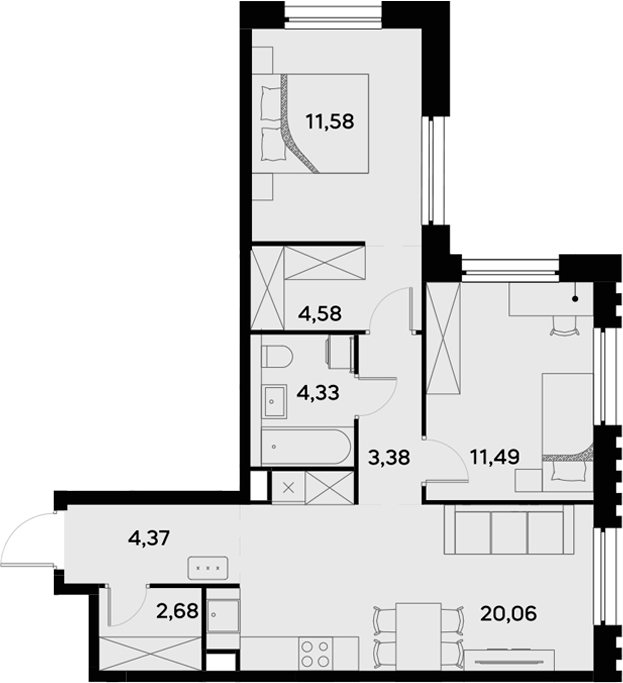 Планировка евротрёшка (3Е) 62.47 м² в ЖК «УЛЬТИМА Сити», корпус 2