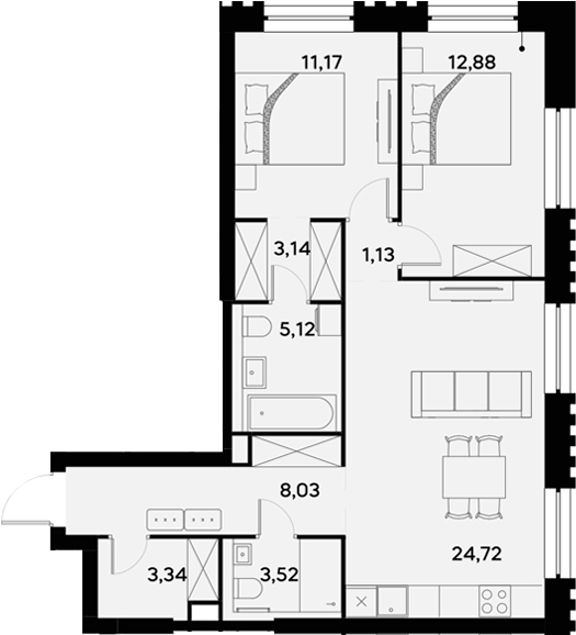 Планировка евротрёшка (3Е) 73.05 м² в ЖК «УЛЬТИМА Сити», корпус 2
