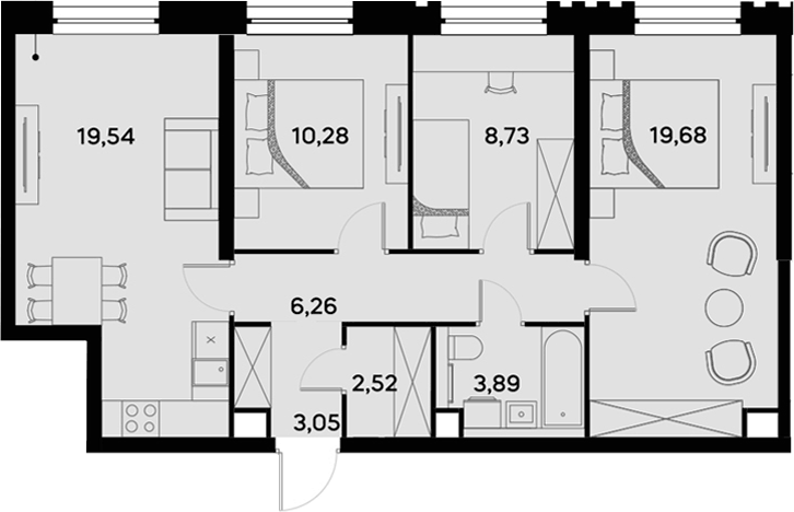 Планировка евро-4 (4Е) 73.95 м² в ЖК «УЛЬТИМА Сити», корпус 2