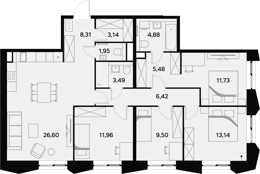 Планировка 5Е-к.кв 106.6 м² в ЖК «УЛЬТИМА Сити», корпус 1