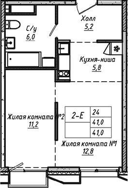 Планировка евродвушка (2Е) 41 м² в ЖК «УНО.Соколиная гора», корпус Б