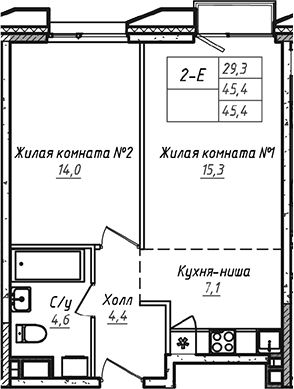 Планировка евродвушка (2Е) 45.4 м² в ЖК «УНО.Соколиная гора», корпус Б