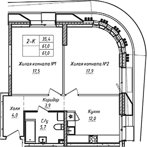 Планировка двухкомнатная 61 м² в ЖК «УНО.Соколиная гора», корпус А